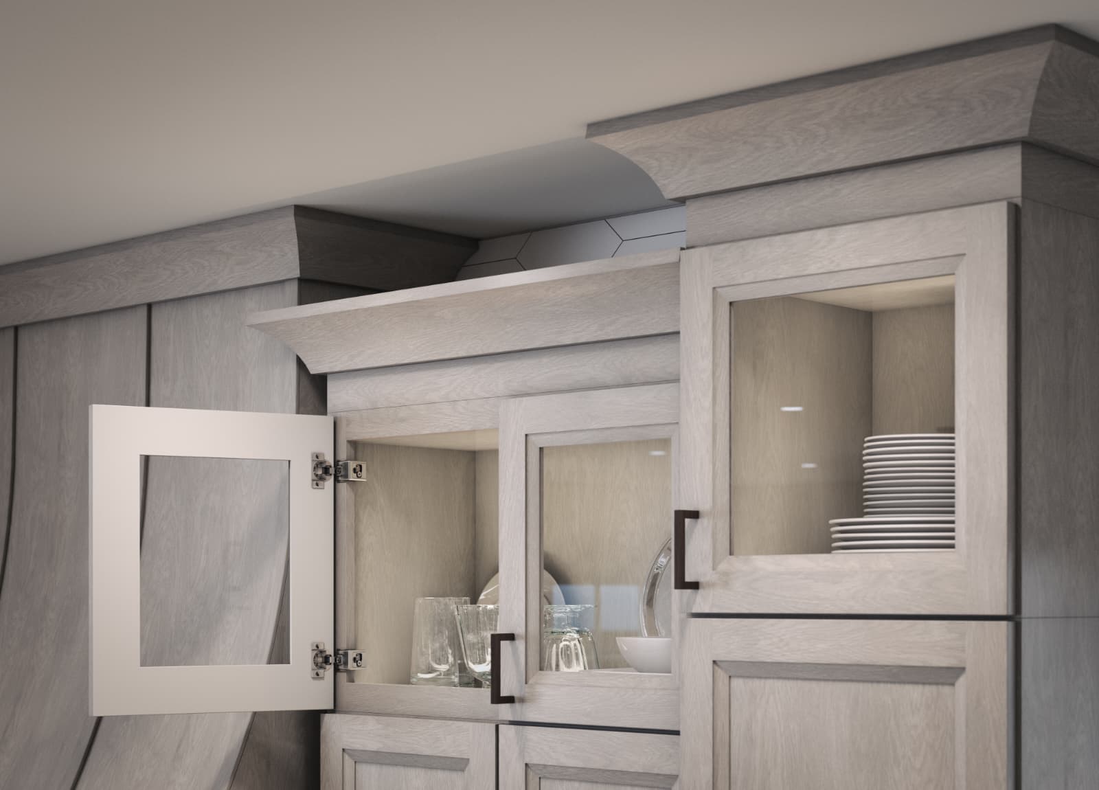 Glass-front oak upper cabinets
